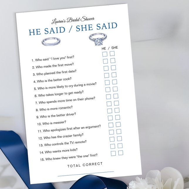 Dijo Que Dijo Tarjeta De Juego - Ducha Azul De Nov (Bridal Shower Game Sheet)