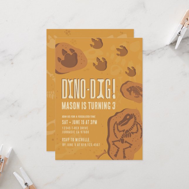 Dino-Dig Invitación a la fiesta de cumpleaños de d (Anverso/Reverso In Situ)