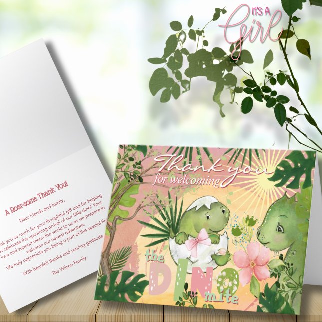 Dino Eclosionando con Tarjeta de Agradecimiento de (Hatching Dino with Pink Bow Thank You Card)