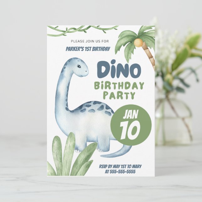Dino Fiesta | Dinosaurios Invitación al primer cum (Anverso de pie)