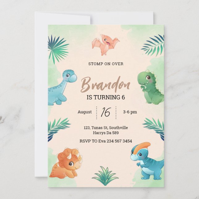 Dino Fiesta | Invitación de cumpleaños de dinosaur (Anverso)