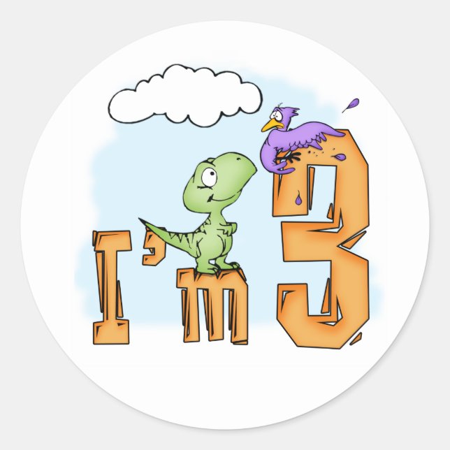 Dino Fun 3er cumpleaños Pegatina de la Ronda Clási (Anverso)