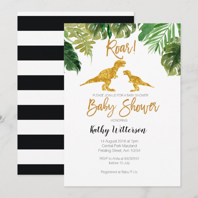 Dino Greenery oh invitación a la ducha de bebé (Anverso / Reverso)