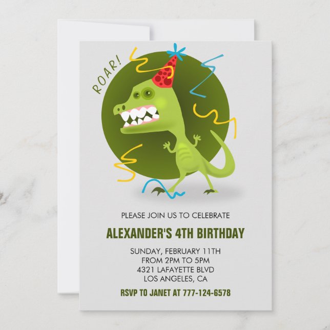 Dinosaur 4 invitaciones de cumpleaños a niños rex  (Anverso)