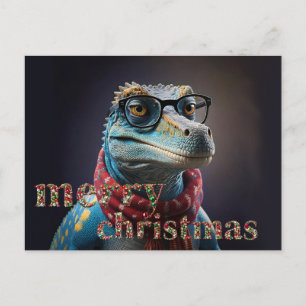 Dinosaur azul con bufanda de Navidad de gafas