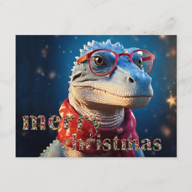 Dinosaur azul con bufanda de Navidad de gafas (Anverso)