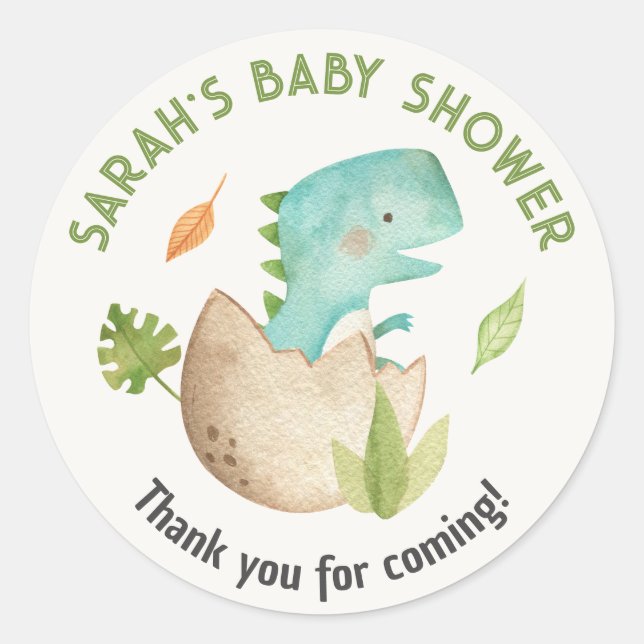 Dinosaur Baby Shower Favor Pegatinas acuarela (Anverso)