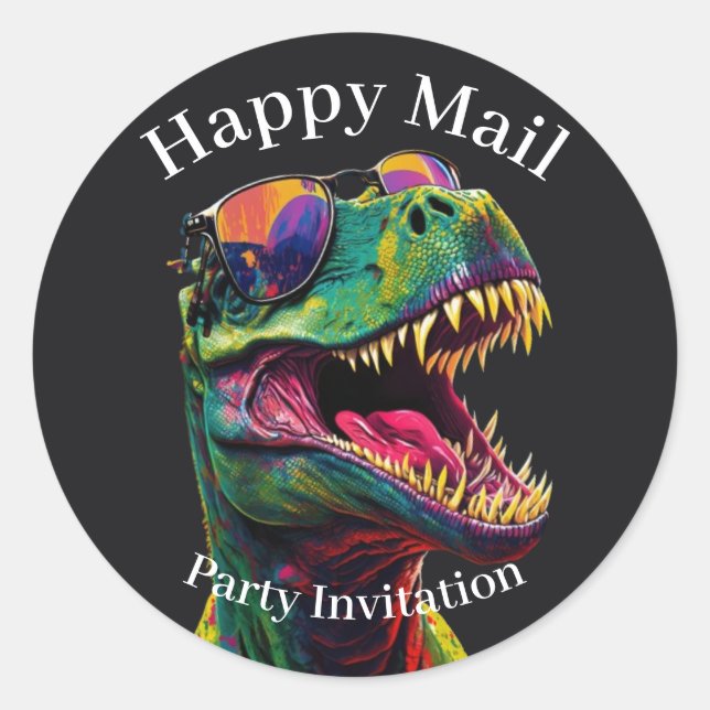Dinosaur Happy Mail Niños Pegatina de Ronda Clásic (Anverso)