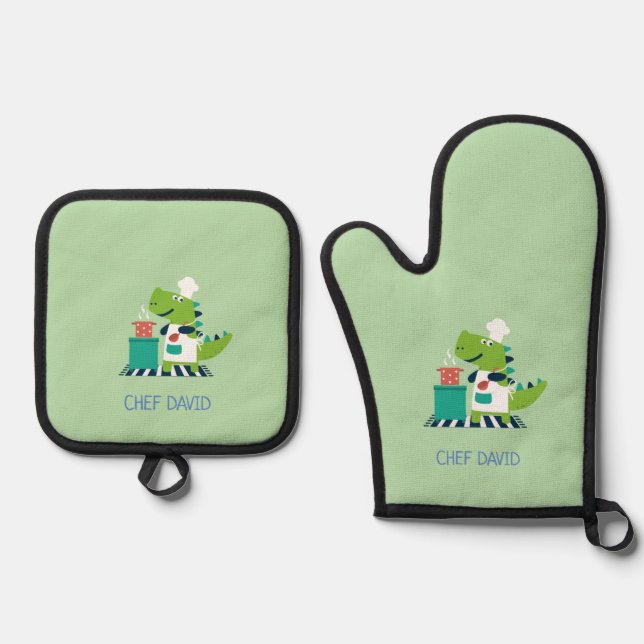 Dinosaur Kids Oven Mitt and Pot Holder Set (Anverso)
