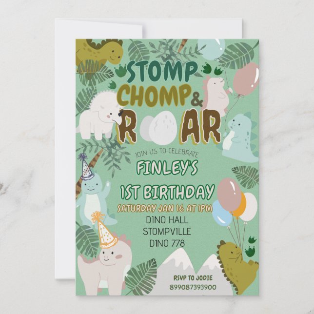 Dinosaur stomp chomp and roar birthday invitation  (Anverso)