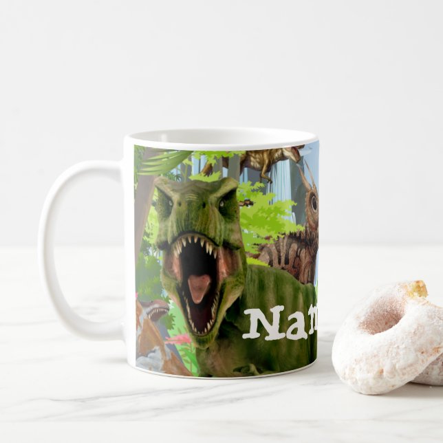 Dinosaur T Rex Personalizado Café Mug, Copa (Con donut)