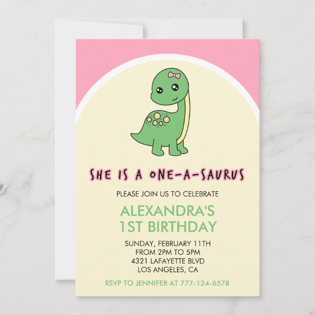 Dinosaurio 1ª invitación de cumpleaños chica uno u (Anverso)