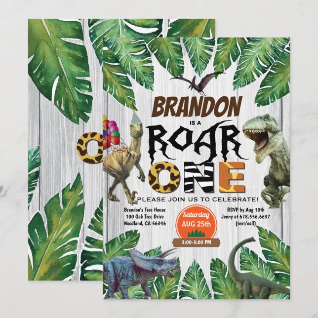 Dinosaurio 1ª invitación de cumpleaños Roar un jur (Anverso / Reverso)