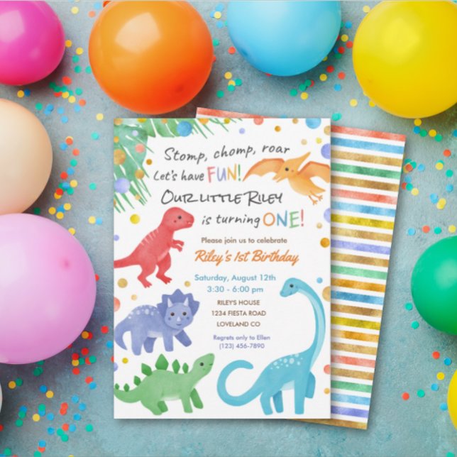 Dinosaurio 1er cumpleaños Invitación colorida (Subido por el creador)