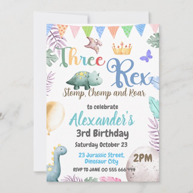 Dinosaurio 3 cumpleaños 3 invitación de Rex Boy (Anverso)