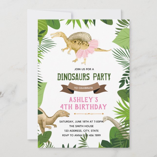 Dinosaurio con invitación de fiesta tutu (Anverso)