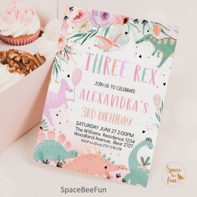 Dinosaurio Cumpleaños Tres Rex Invitación Chica Di (Dinosaur Birthday Three Rex Invitation Pink, Dinosaur Party invitation, Dino 3rd, Three rex birthday)