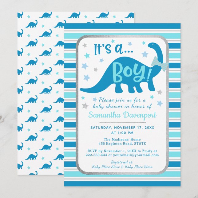 Dinosaurio de invitación de Boy Baby Shower (Anverso / Reverso)