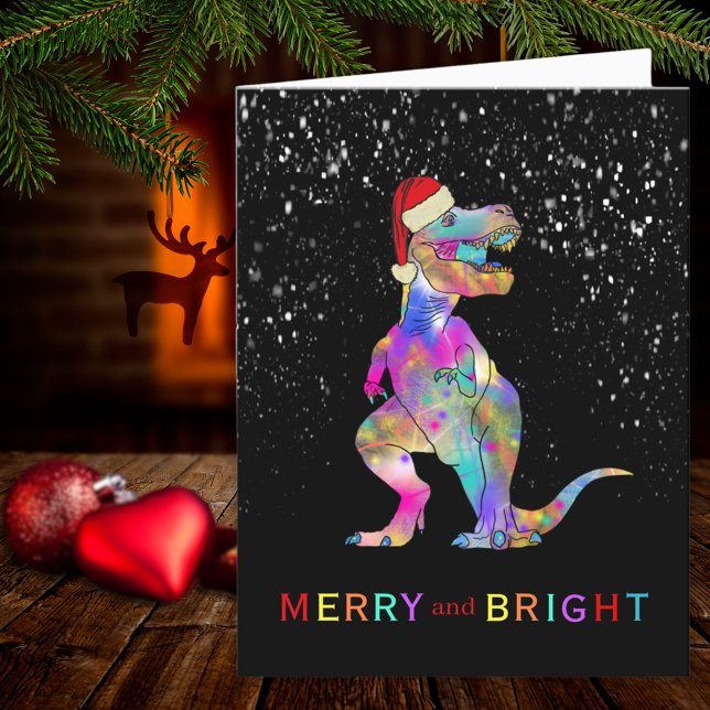 Dinosaurio de Navidad Alegre y Brillante Santa (Dinosaur Christmas T-Rex merry and bright fun holiday greetings card)