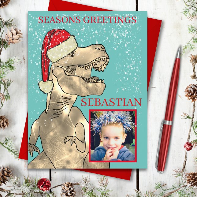 Dinosaurio de Navidad Foto Personalizada (Christmas dinosaur personalized photo seasons greetings postcard)