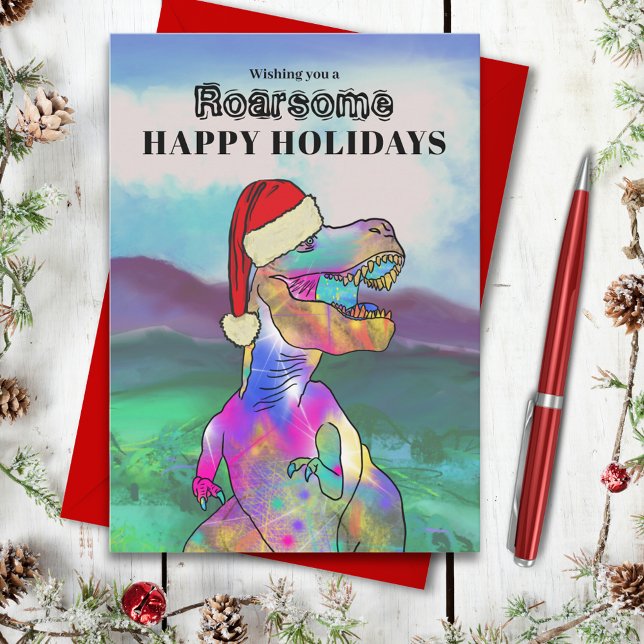 Dinosaurio de Navidad T-Rex (Christmas dinosaur roarsome happy holidays greetings card with T-Rex wearing a Santa hat)