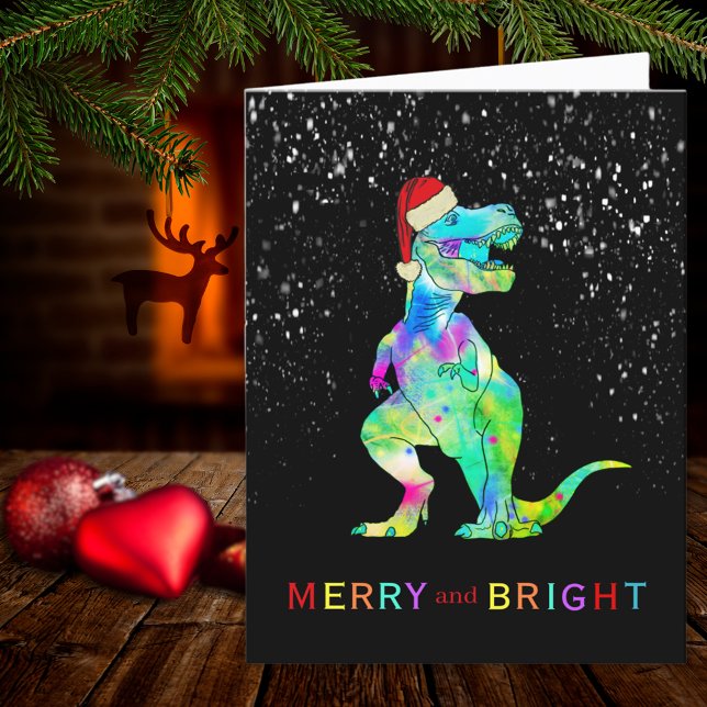 Dinosaurio de Navidad T-Rex Alegre y Brillante (Christmas dinosaur T-Rex merry and bright holiday greetings card)