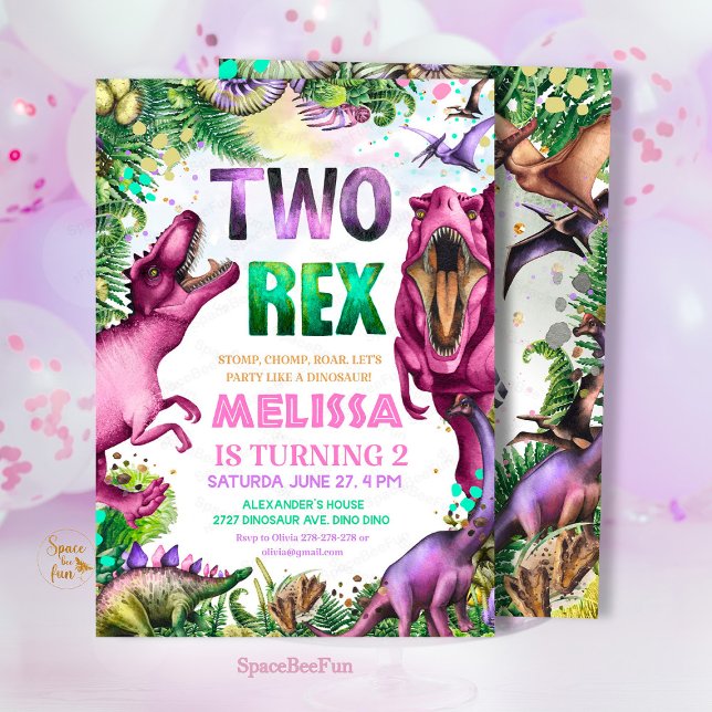 Dinosaurio Dos Rex Invitación Dinosaurio Fiesta na (Dinosaur TWO Rex Invitation, Girl Dinosaur Party,birthday invitation Dino,Tropical Two rex birthday,)