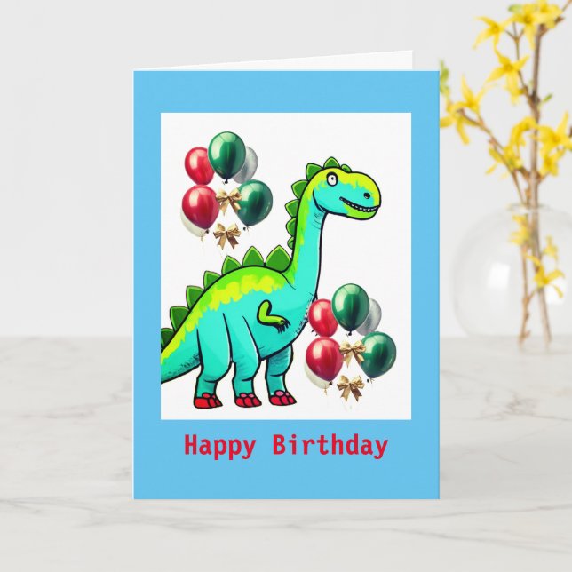 Dinosaurio infantil, tarjeta de cumpleaños plegada (flor amarilla)