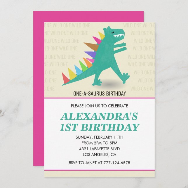 Dinosaurio invitaciones de primer cumpleaños Chica (Anverso / Reverso)