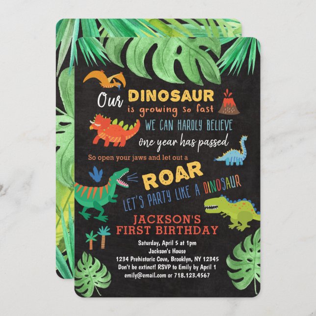Dinosaurio Invitaciones de primer cumpleaños Fiest (Anverso / Reverso)