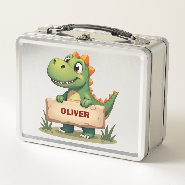 Dinosaurio lindo con letrero de nombre personaliza (Anverso)