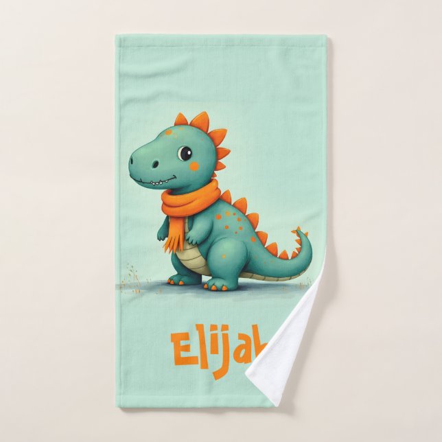 Dinosaurio lindo usando una bufanda Naranja (Toalla de mano)