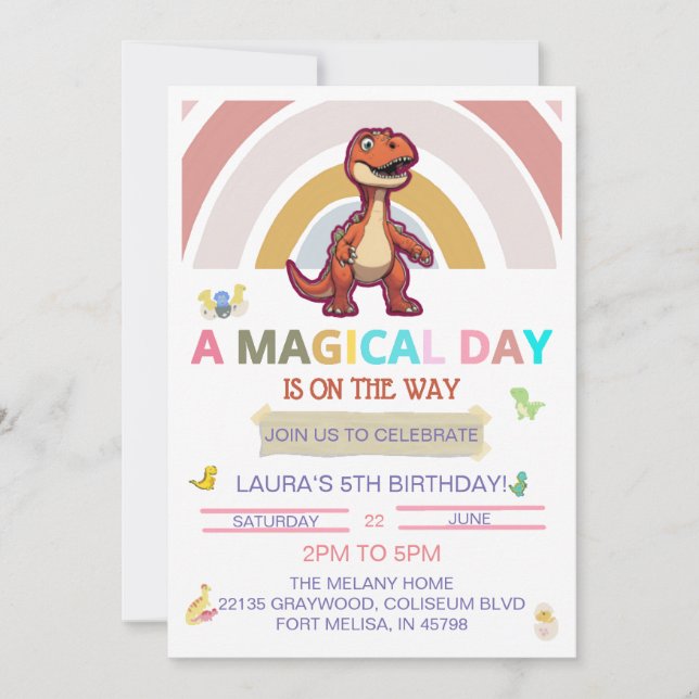 Dinosaurio mágico por día y invitación por cumplea (Anverso)