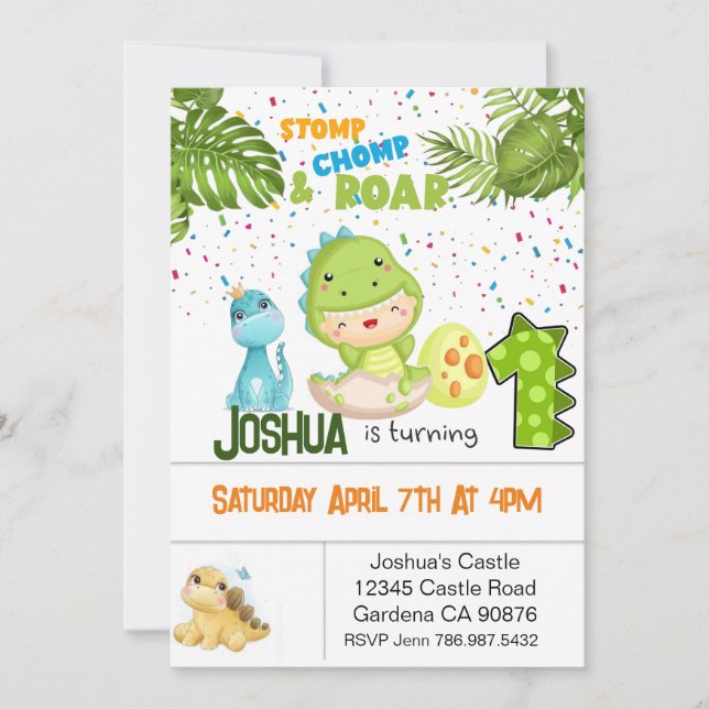 Dinosaurio Primera invitación para cumpleaños (Anverso)