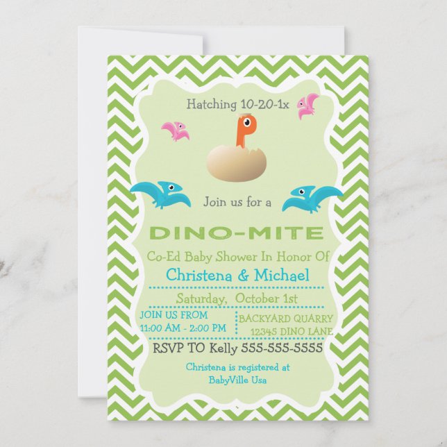 Dinosaurio que trama la invitación de Baby Shower (Anverso)