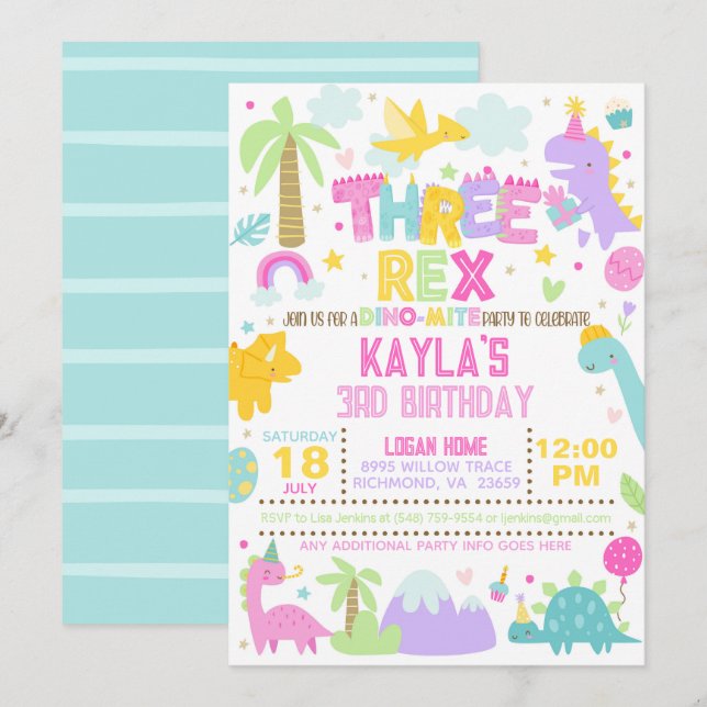 Dinosaurio TRES Rex Invitación de cumpleaños (Anverso / Reverso)