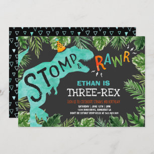 Dinosaurio tres rex niño de invitación al cumpleañ