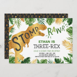 Dinosaurio tres rex niño de invitación al cumpleañ