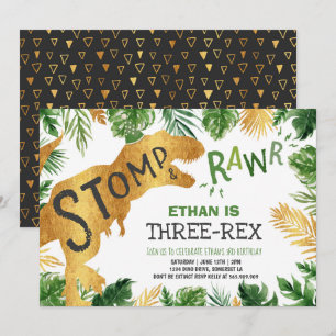Dinosaurio tres rex niño de invitación al cumpleañ