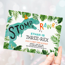 Dinosaurio tres rex niño de invitación al cumpleañ