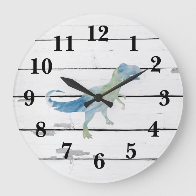 Dinosaurio Trex Decoran Shiplap Rústico Gran Reloj (Anverso)