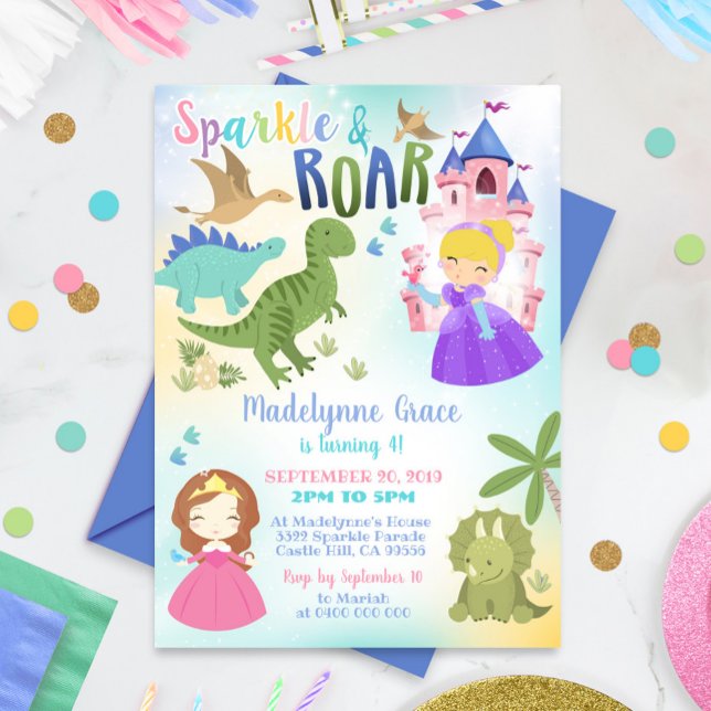 Dinosaurio y Princesa Invitación Niño Chica (Subido por el creador)