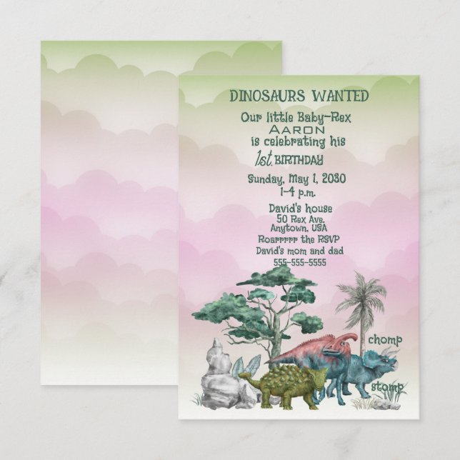 Dinosaurios buscan la primera invitación de cumple (Anverso / Reverso)