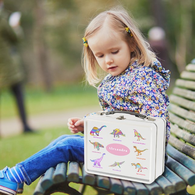Dinosaurios coloridos con nombres rosados (Dinosaurs with names pink custom lunchbox for girls that love dinosaurs colorful dino watercolor art)