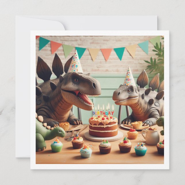 Dinosaurios comiendo pastel invitación de cumpleañ (Anverso)