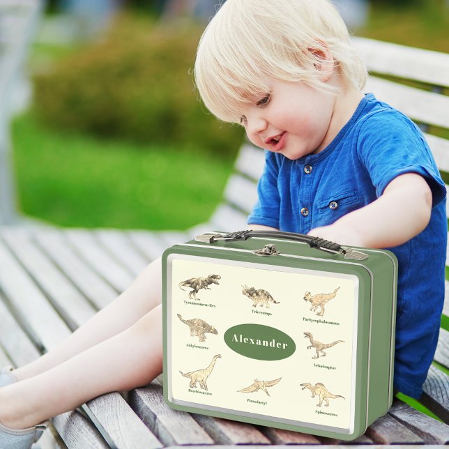 Dinosaurios con Nombres de Escuela Personalizados (Dinosaurs with name green custom lunchbox ideal for kindergarten or school dino lovers)