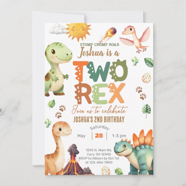 Dinosaurios Dos-REX niño 2do cumpleaños invitación (Anverso)