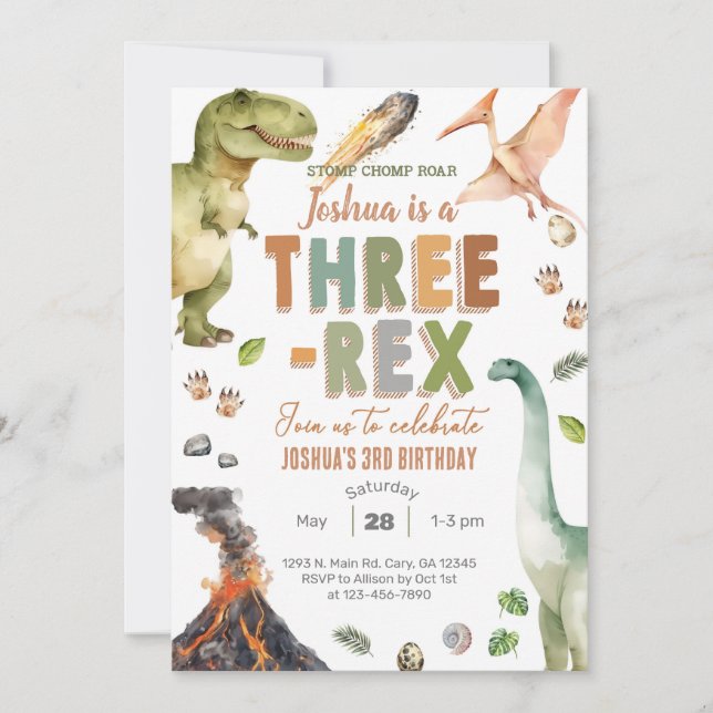 Dinosaurios Invitación de tercer cumpleaños del ni (Anverso)