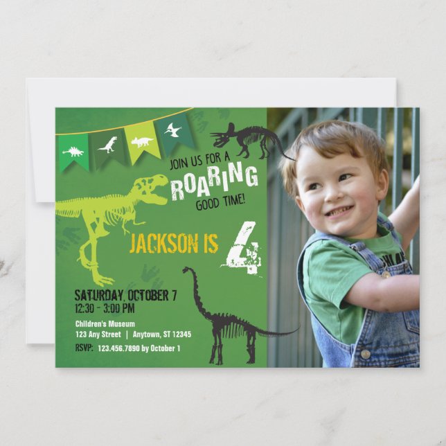Dinosaurios verdes ruidosos niños Invitación de cu (Anverso)