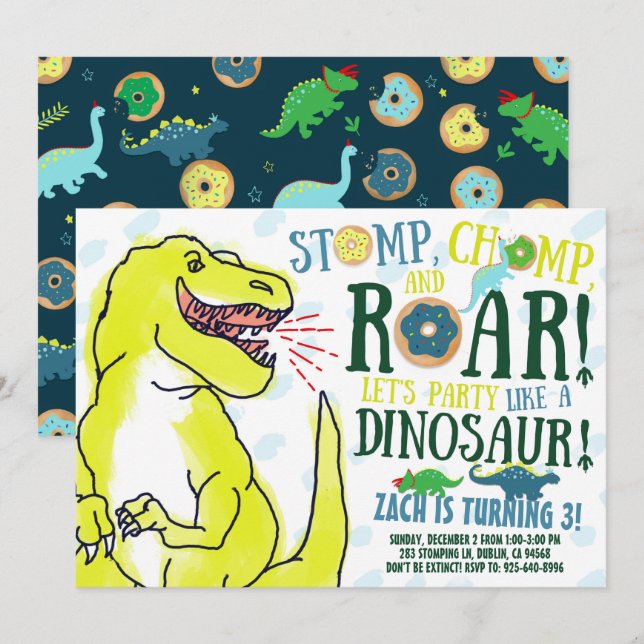 Dinosaurios y Donuts Invitación a la fiesta de cum (Anverso / Reverso)